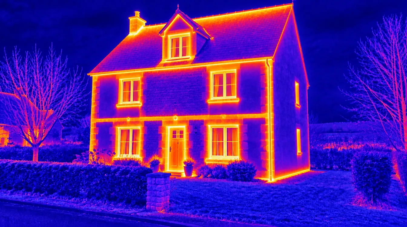 La même maison en vue thermique : la chaleur s’échappe par la toiture, le tour des fenêtres et la porte