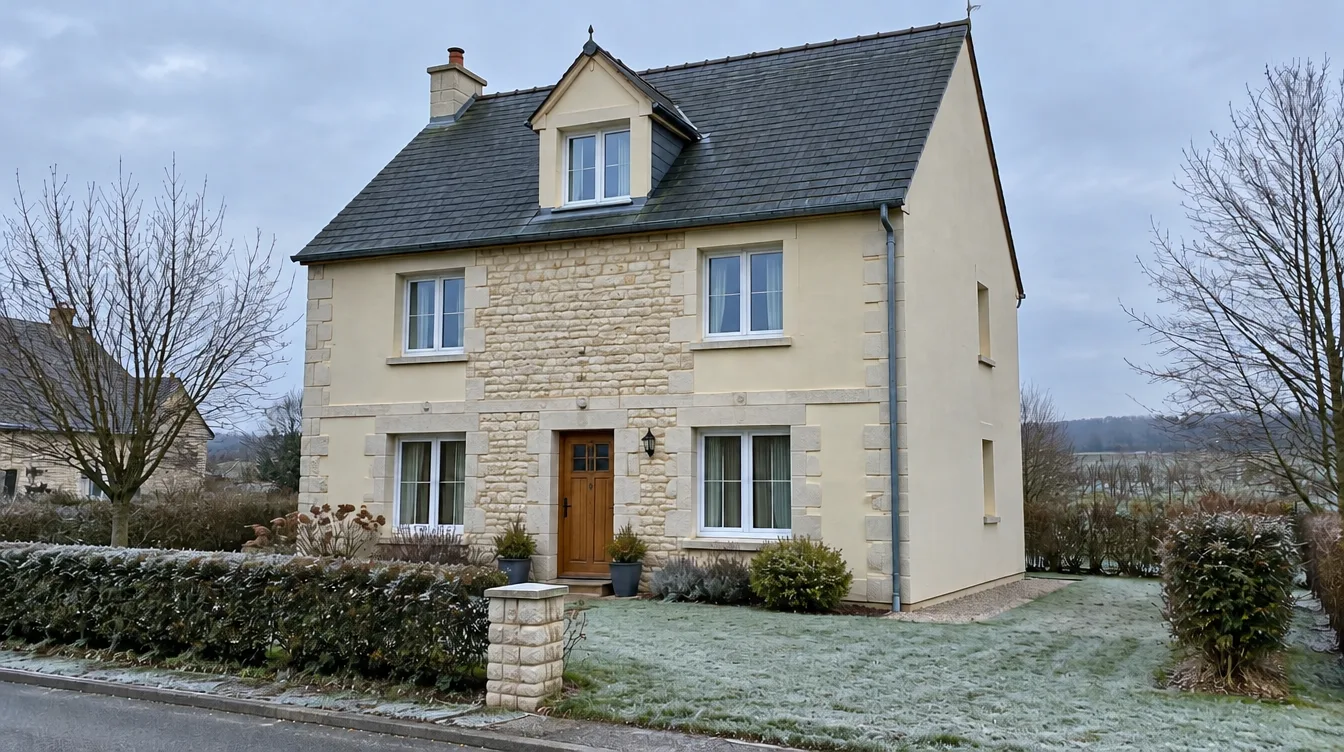 Maison individuelle en hiver, vue de la rue